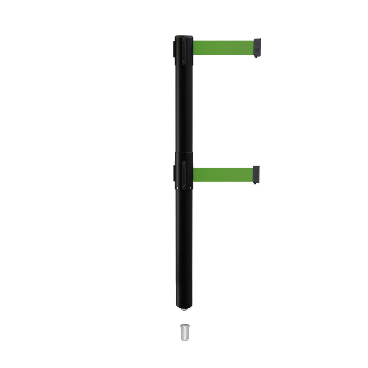 Retractable Dual Belt Barrier Stanchion, Mini Socket Base, Black Post, 11 ft Belt - Montour Line MX630DSK - Crowd Control Warehouse