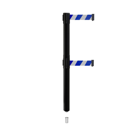 Retractable Dual Belt Barrier Stanchion, Mini Socket Base, Black Post, 13 ft Belt - Montour Line MX630DSK - Crowd Control Warehouse