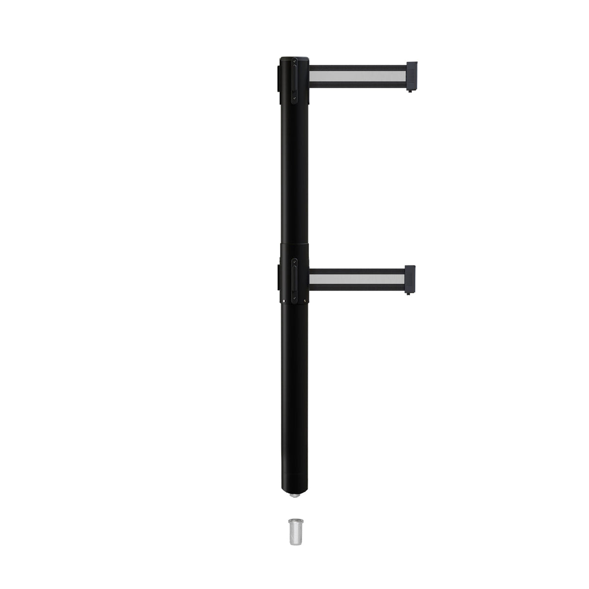 Retractable Dual Belt Barrier Stanchion, Mini Socket Base, Black Post, 7.5 ft Belt - Montour Line MX630DSK - Crowd Control Warehouse