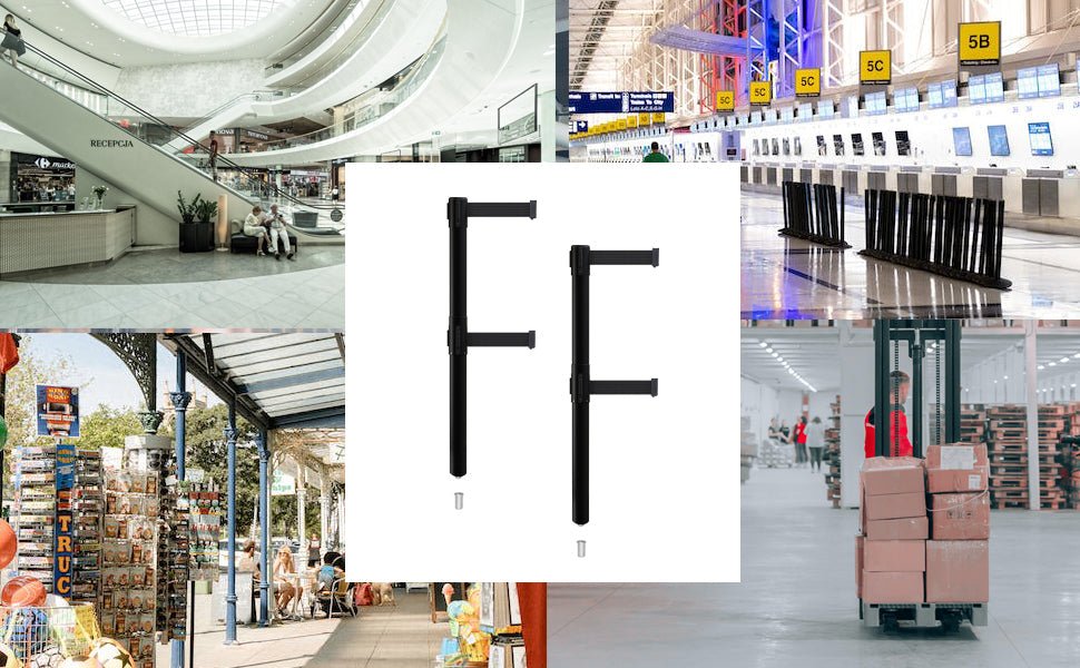 Retractable Dual Belt Barrier Stanchion, Mini Socket Base, Black Post, 7.5 ft Belt - Montour Line MX630DSK - Crowd Control Warehouse