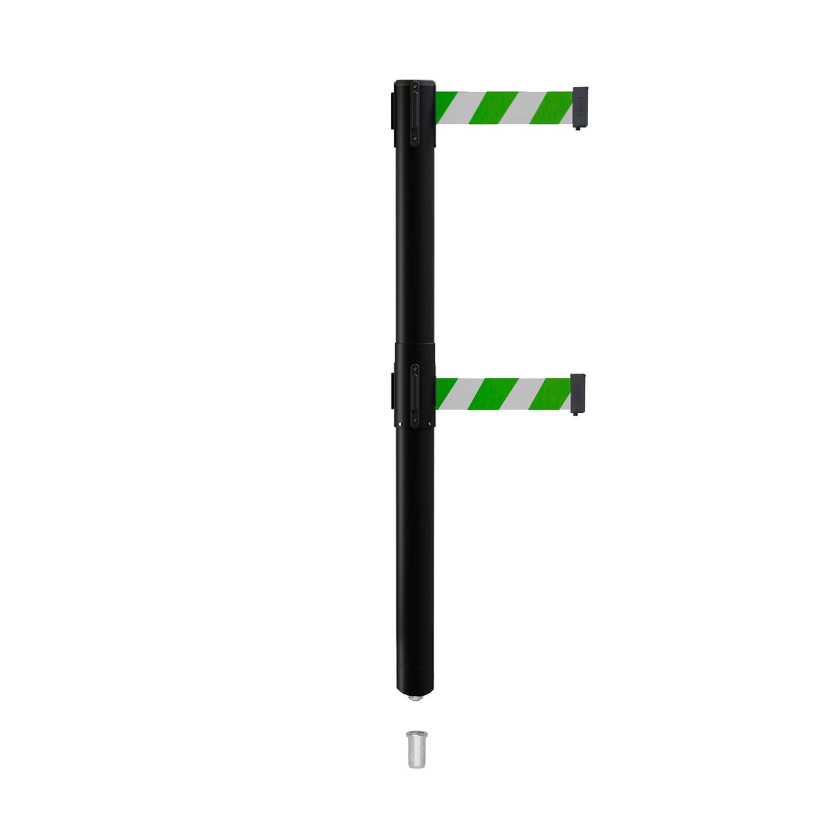 Retractable Dual Belt Barrier Stanchion, Mini Socket Base, Black Post, 7.5 ft Belt - Montour Line MX630DSK - Crowd Control Warehouse