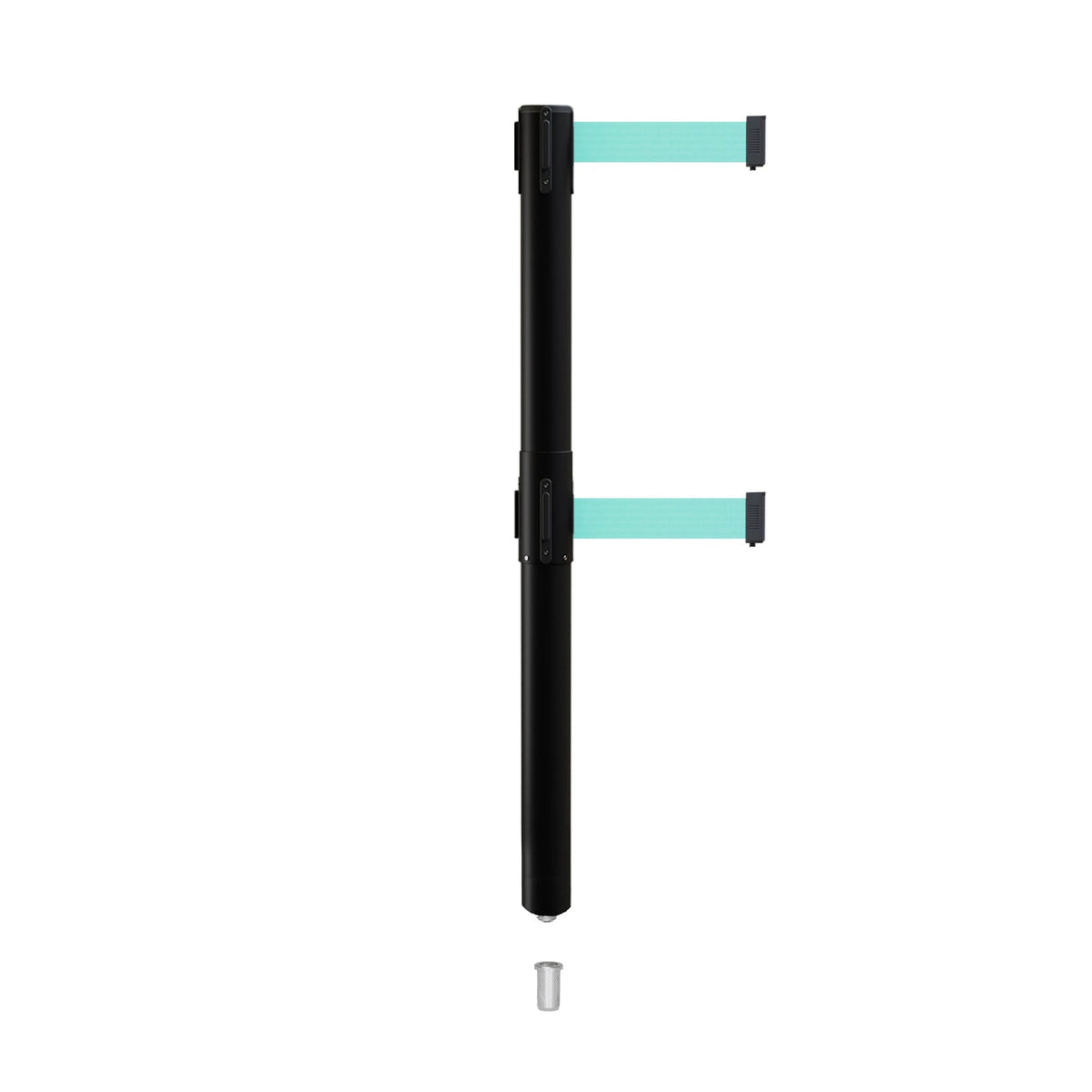 Retractable Dual Belt Barrier Stanchion, Mini Socket Base, Black Post, 9 ft Belt - Montour Line MX630DSK - Crowd Control Warehouse