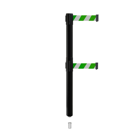 Retractable Dual Belt Barrier Stanchion, Mini Socket Base, Black Post, 9 ft Belt - Montour Line MX630DSK - Crowd Control Warehouse