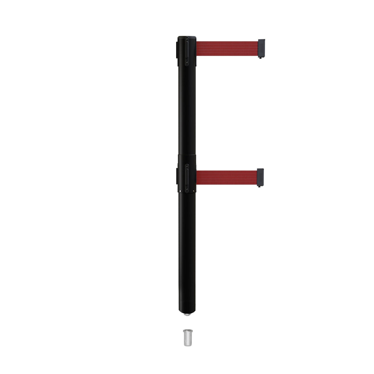 Retractable Dual Belt Barrier Stanchion, Mini Socket Base, Black Post, 9 ft Belt - Montour Line MX630DSK - Crowd Control Warehouse