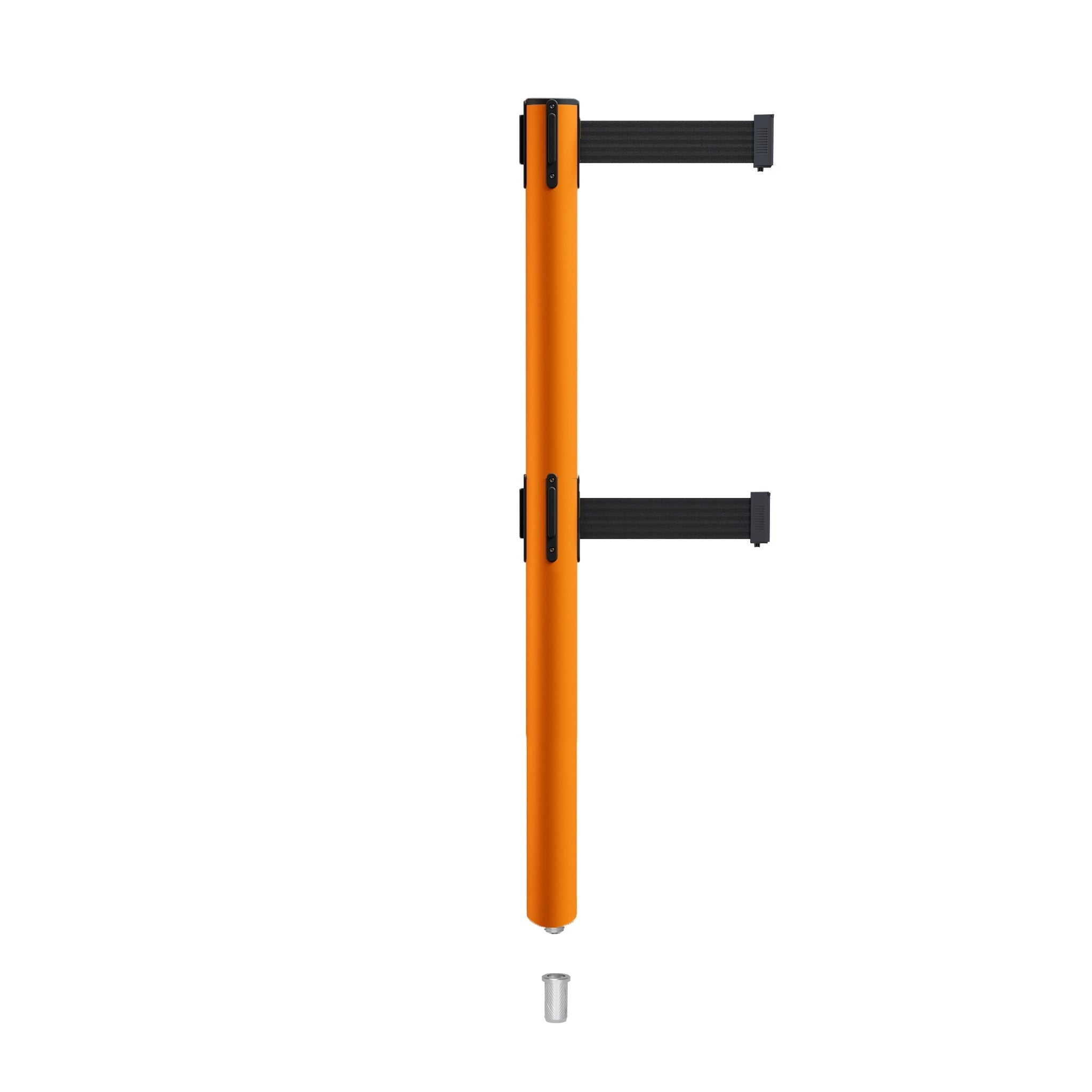 Retractable Dual Belt Barrier Stanchion, Mini Socket Base, Orange Post, 11 ft Belt - Montour Line MSX630DSK - Crowd Control Warehouse