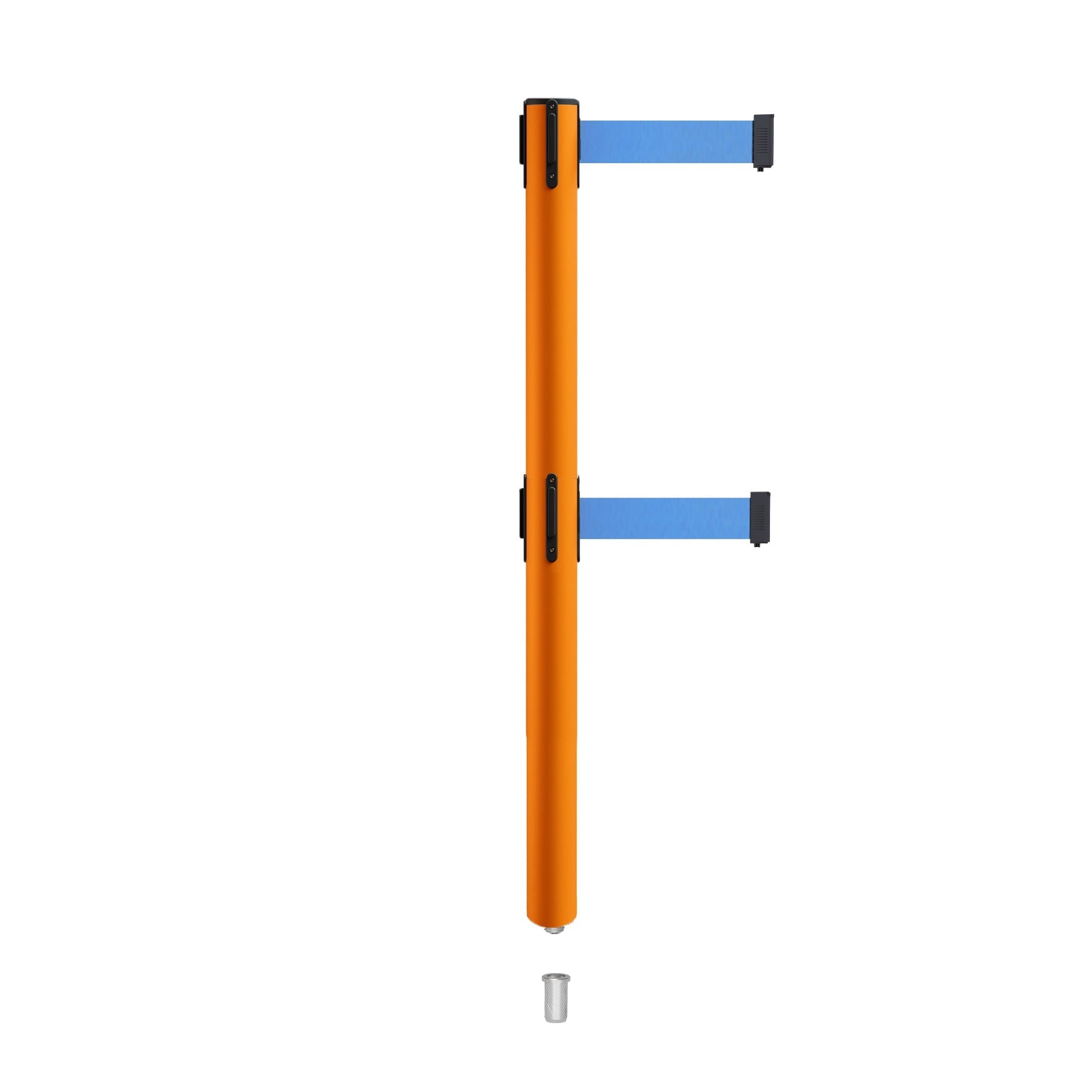Retractable Dual Belt Barrier Stanchion, Mini Socket Base, Orange Post, 11 ft Belt - Montour Line MSX630DSK - Crowd Control Warehouse