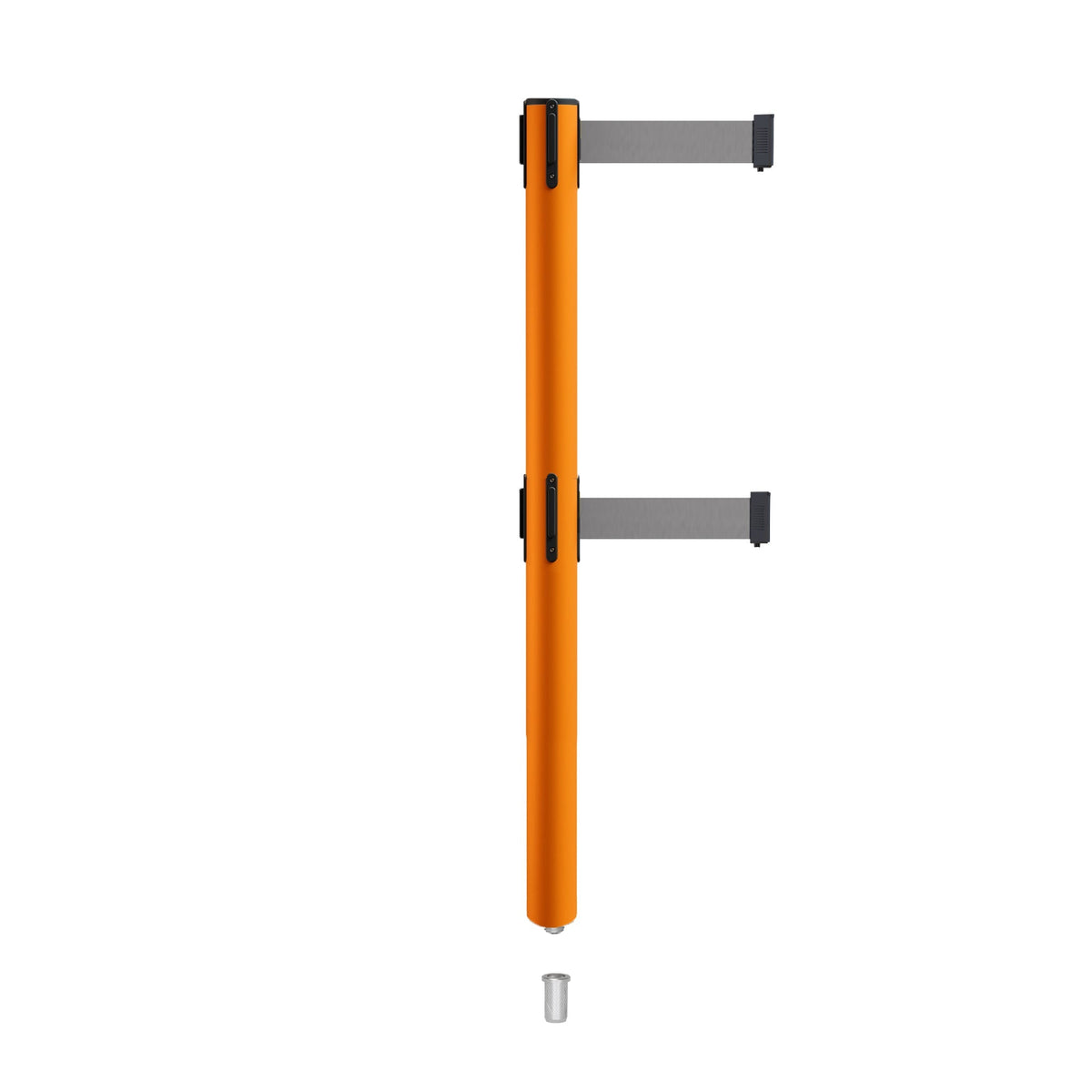 Retractable Dual Belt Barrier Stanchion, Mini Socket Base, Orange Post, 13 ft Belt - Montour Line MSX630DSK - Crowd Control Warehouse