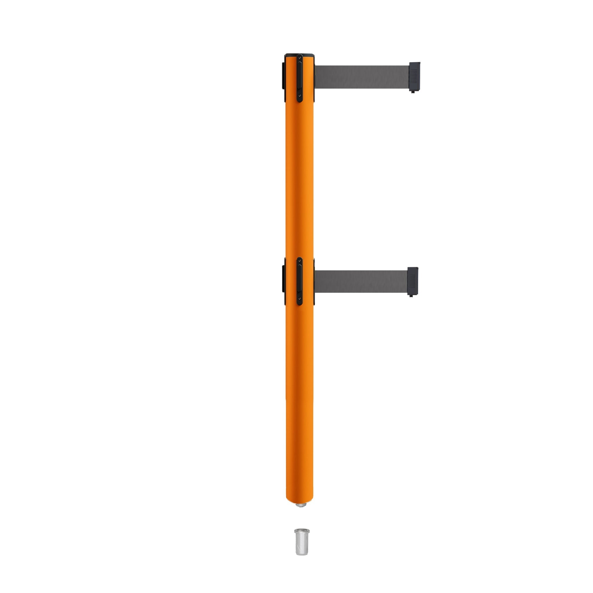 Retractable Dual Belt Barrier Stanchion, Mini Socket Base, Orange Post, 13 ft Belt - Montour Line MSX630DSK - Crowd Control Warehouse