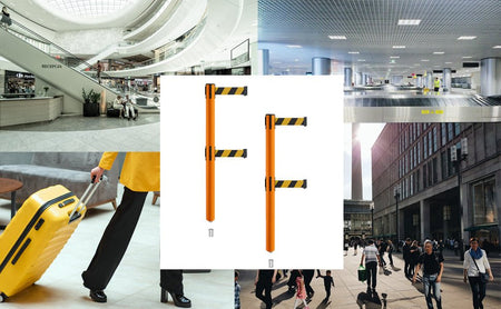 Retractable Dual Belt Barrier Stanchion, Mini Socket Base, Orange Post, 9 ft Belt - Montour Line MSX630DSK - Crowd Control Warehouse