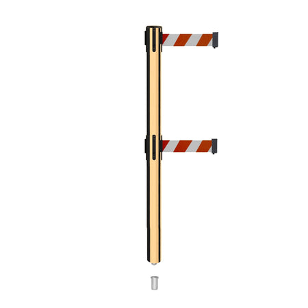 Retractable Dual Belt Barrier Stanchion, Mini Socket Base, Polished Brass Post, 11 ft Belt - Montour Line MX630DSK - Crowd Control Warehouse