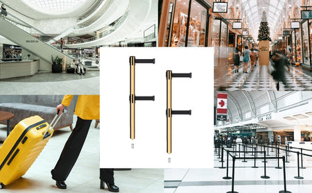 Retractable Dual Belt Barrier Stanchion, Mini Socket Base, Polished Brass Post, 11 ft Belt - Montour Line MX630DSK - Crowd Control Warehouse