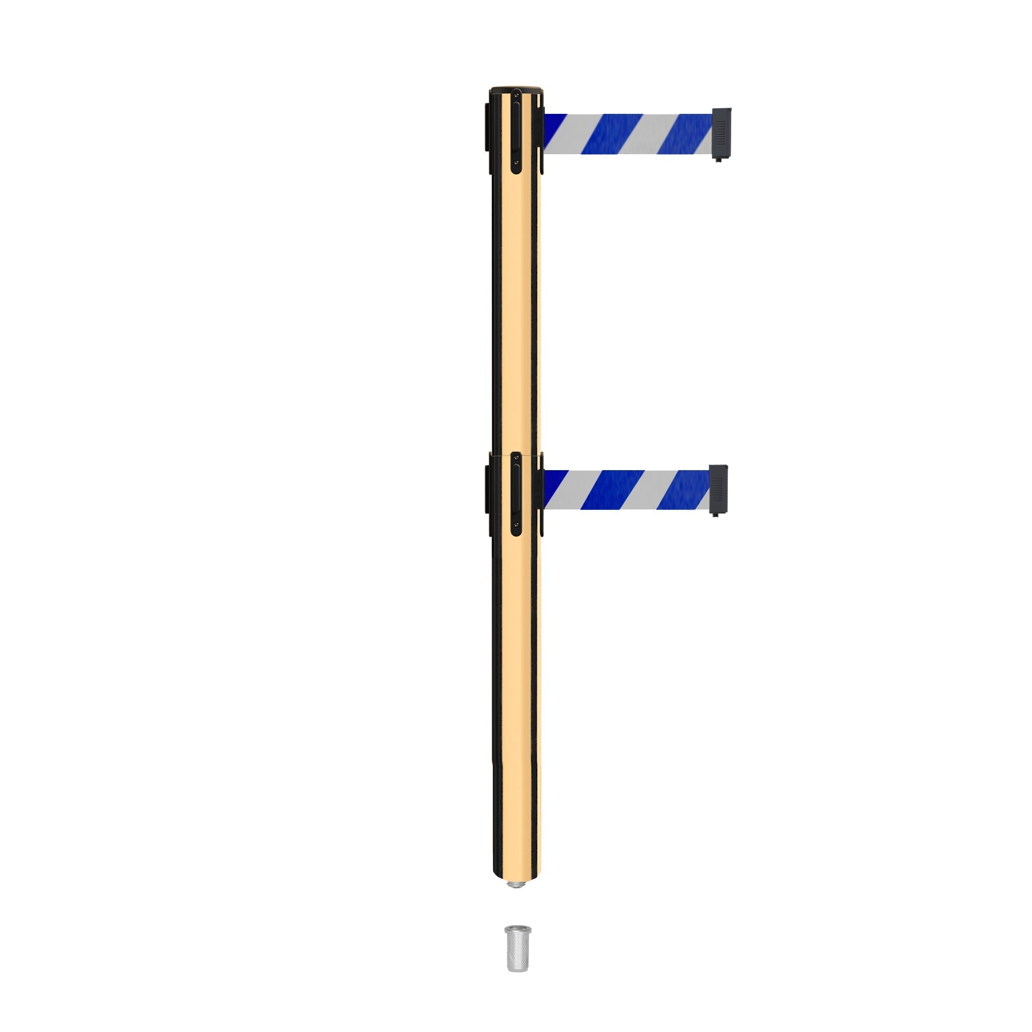 Retractable Dual Belt Barrier Stanchion, Mini Socket Base, Polished Brass Post, 11 ft Belt - Montour Line MX630DSK - Crowd Control Warehouse