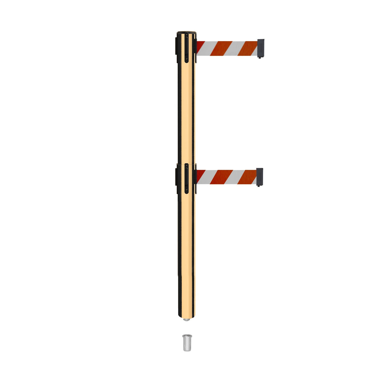 Retractable Dual Belt Barrier Stanchion, Mini Socket Base, Polished Brass Post, 13 ft Belt - Montour Line MX630DSK - Crowd Control Warehouse