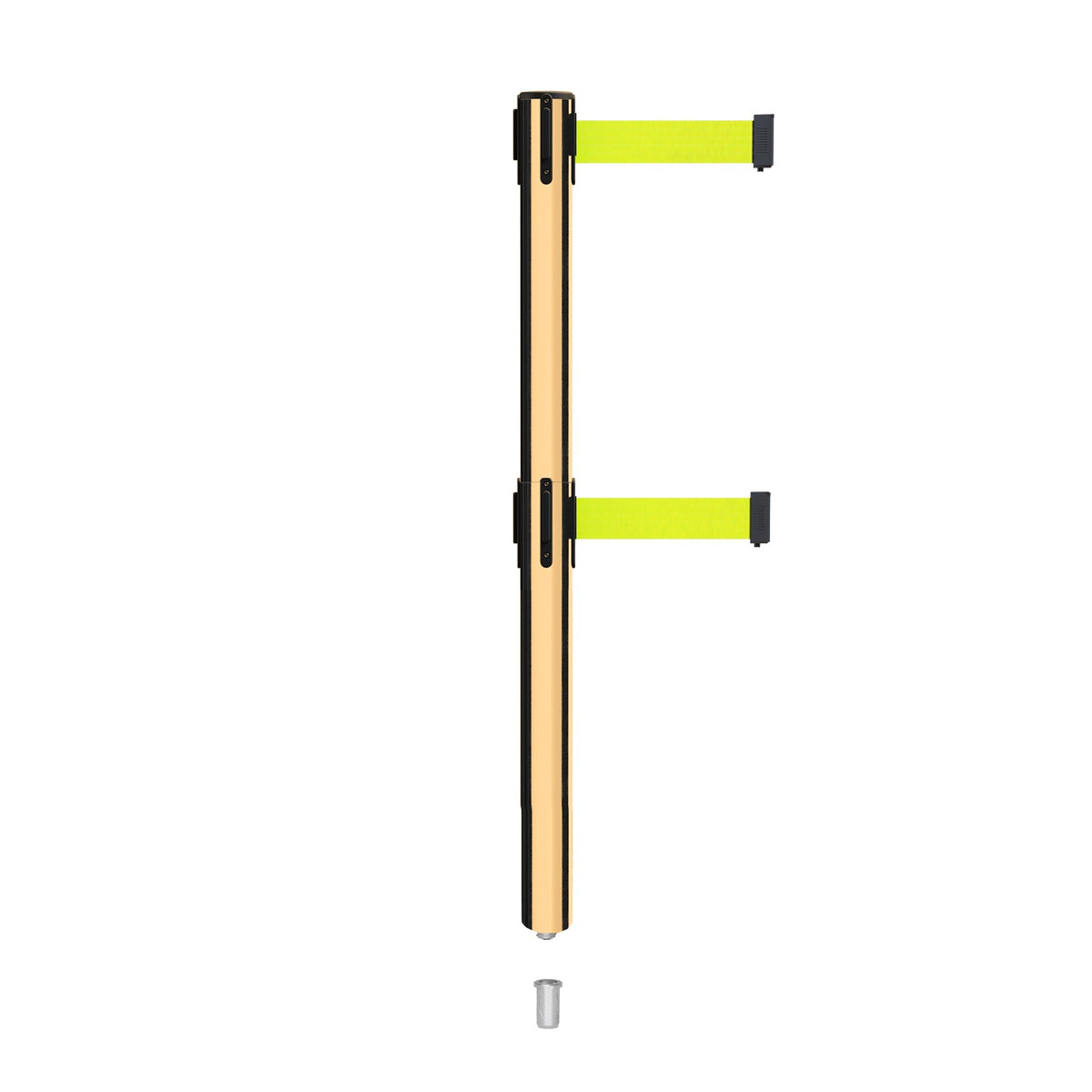 Retractable Dual Belt Barrier Stanchion, Mini Socket Base, Polished Brass Post, 9 ft Belt - Montour Line MX630DSK - Crowd Control Warehouse