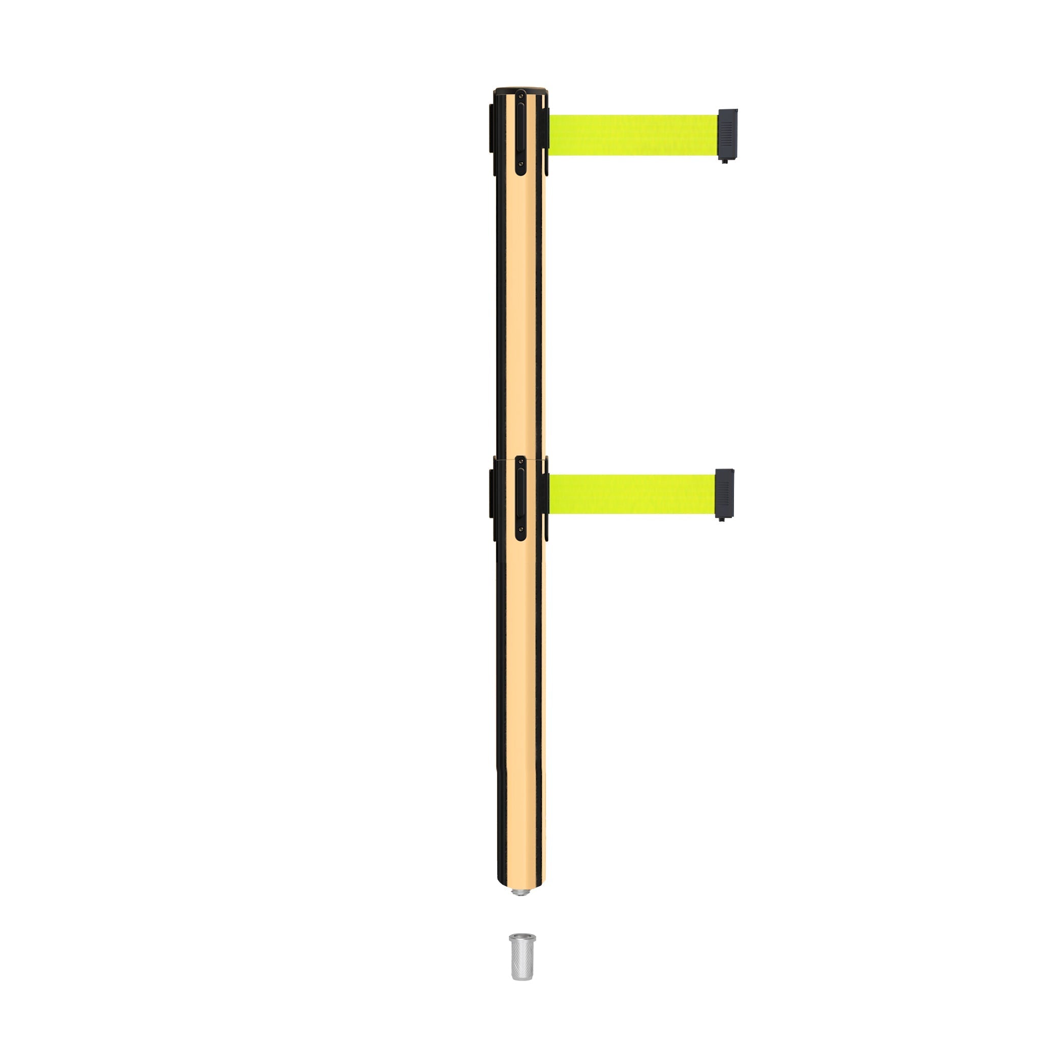 Retractable Dual Belt Barrier Stanchion, Mini Socket Base, Polished Brass Post, 9 ft Belt - Montour Line MX630DSK - Crowd Control Warehouse