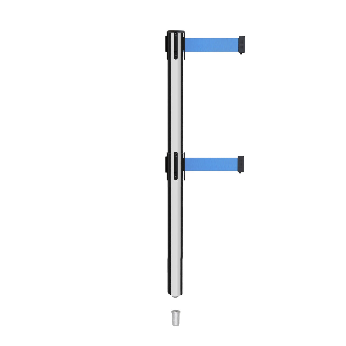 Retractable Dual Belt Barrier Stanchion, Mini Socket Base, Polished Stainless Steel Post, 11 ft Belt - Montour Line MX630DSK - Crowd Control Warehouse