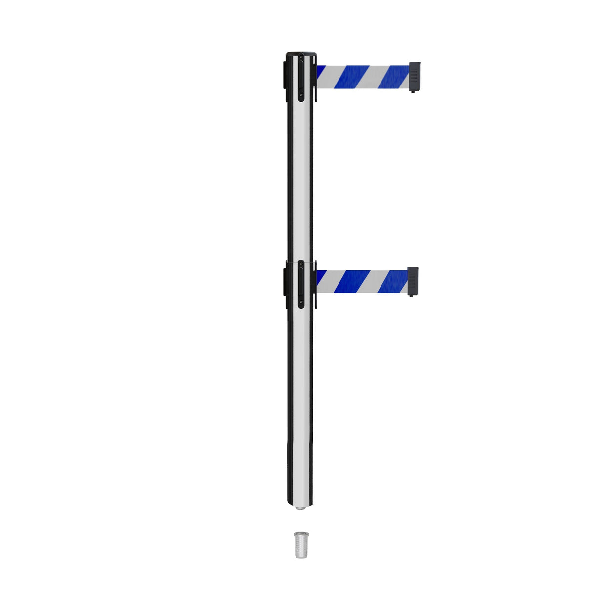Retractable Dual Belt Barrier Stanchion, Mini Socket Base, Polished Stainless Steel Post, 11 ft Belt - Montour Line MX630DSK - Crowd Control Warehouse