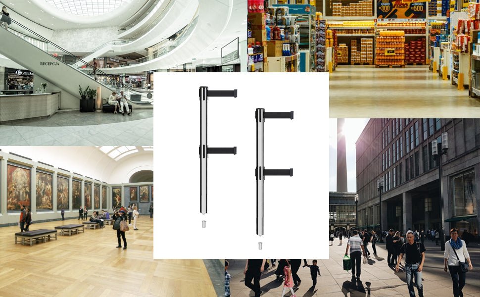 Retractable Dual Belt Barrier Stanchion, Mini Socket Base, Polished Stainless Steel Post, 7.5 ft Belt - Montour Line MX630DSK - Crowd Control Warehouse