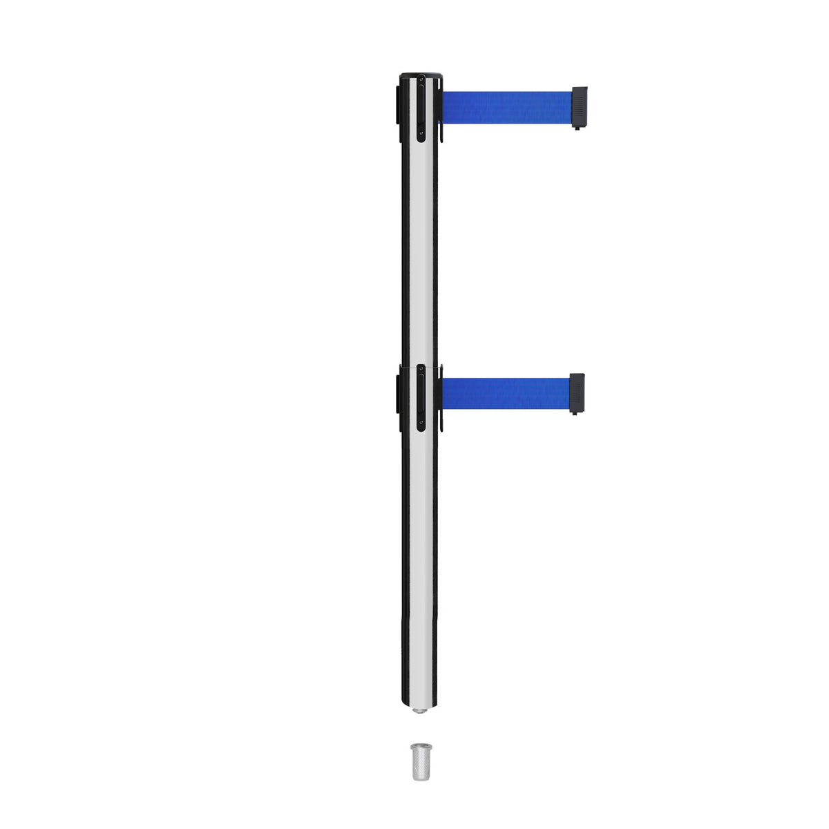Retractable Dual Belt Barrier Stanchion, Mini Socket Base, Polished Stainless Steel Post, 7.5 ft Belt - Montour Line MX630DSK - Crowd Control Warehouse