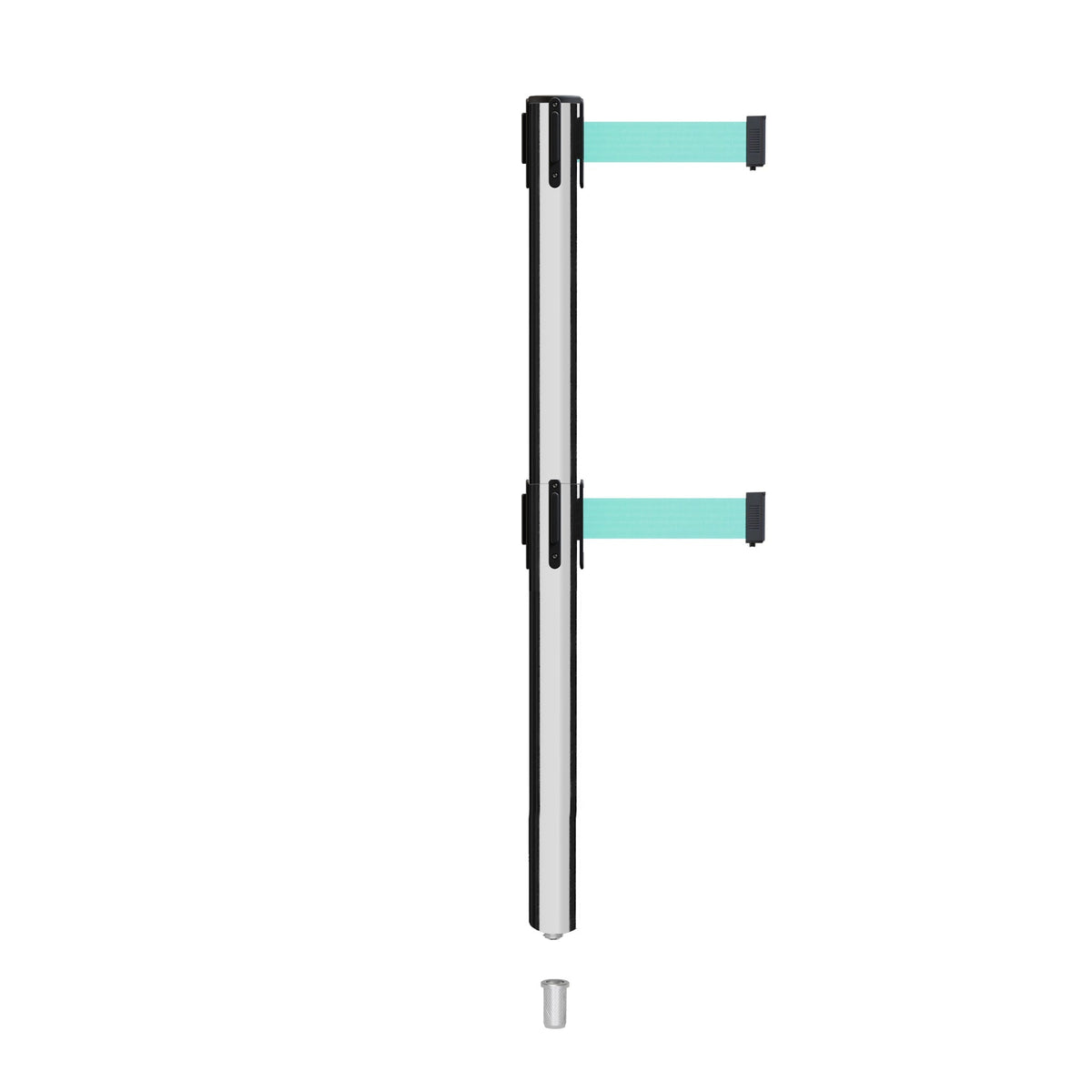 Retractable Dual Belt Barrier Stanchion, Mini Socket Base, Polished Stainless Steel Post, 7.5 ft Belt - Montour Line MX630DSK - Crowd Control Warehouse