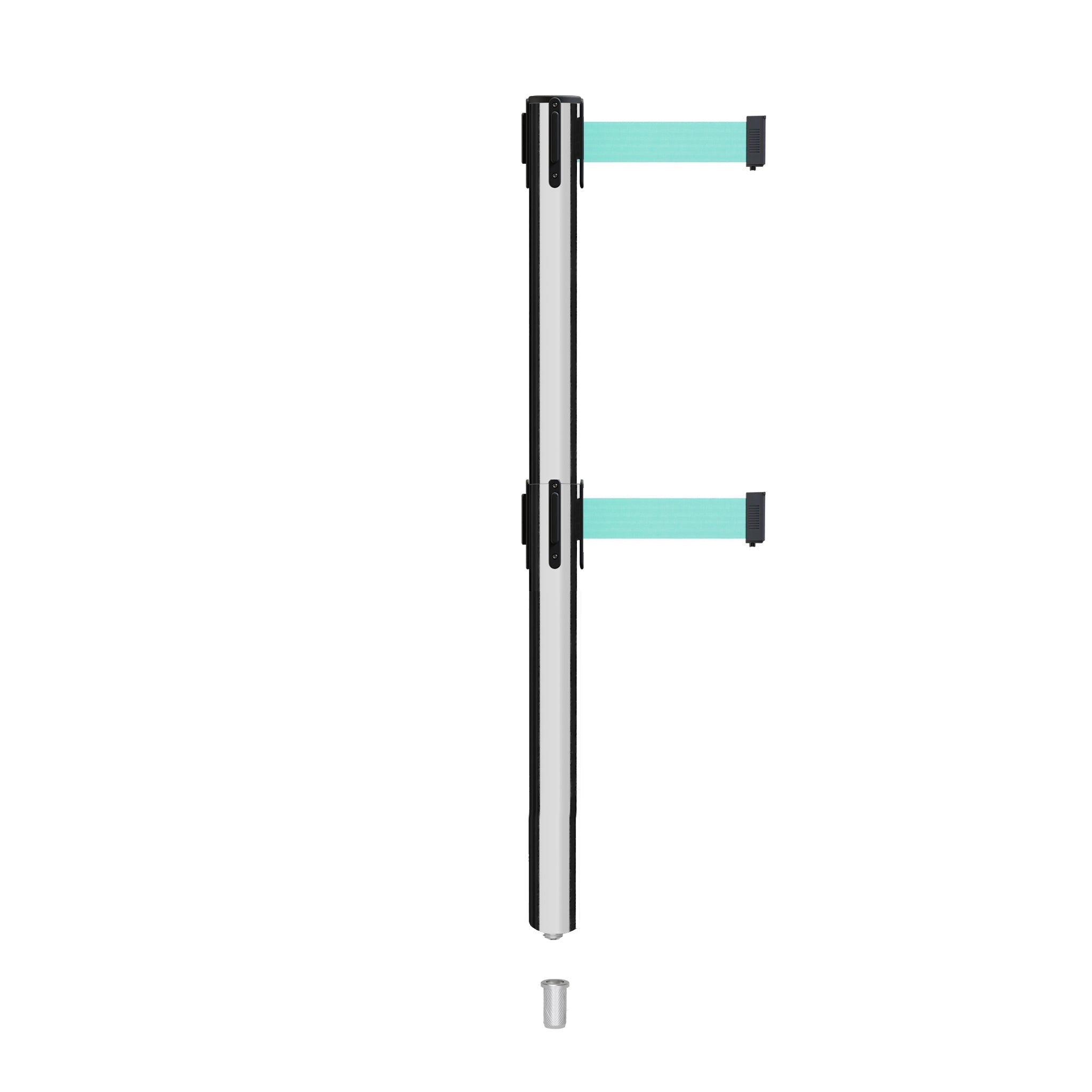 Retractable Dual Belt Barrier Stanchion, Mini Socket Base, Polished Stainless Steel Post, 7.5 ft Belt - Montour Line MX630DSK - Crowd Control Warehouse