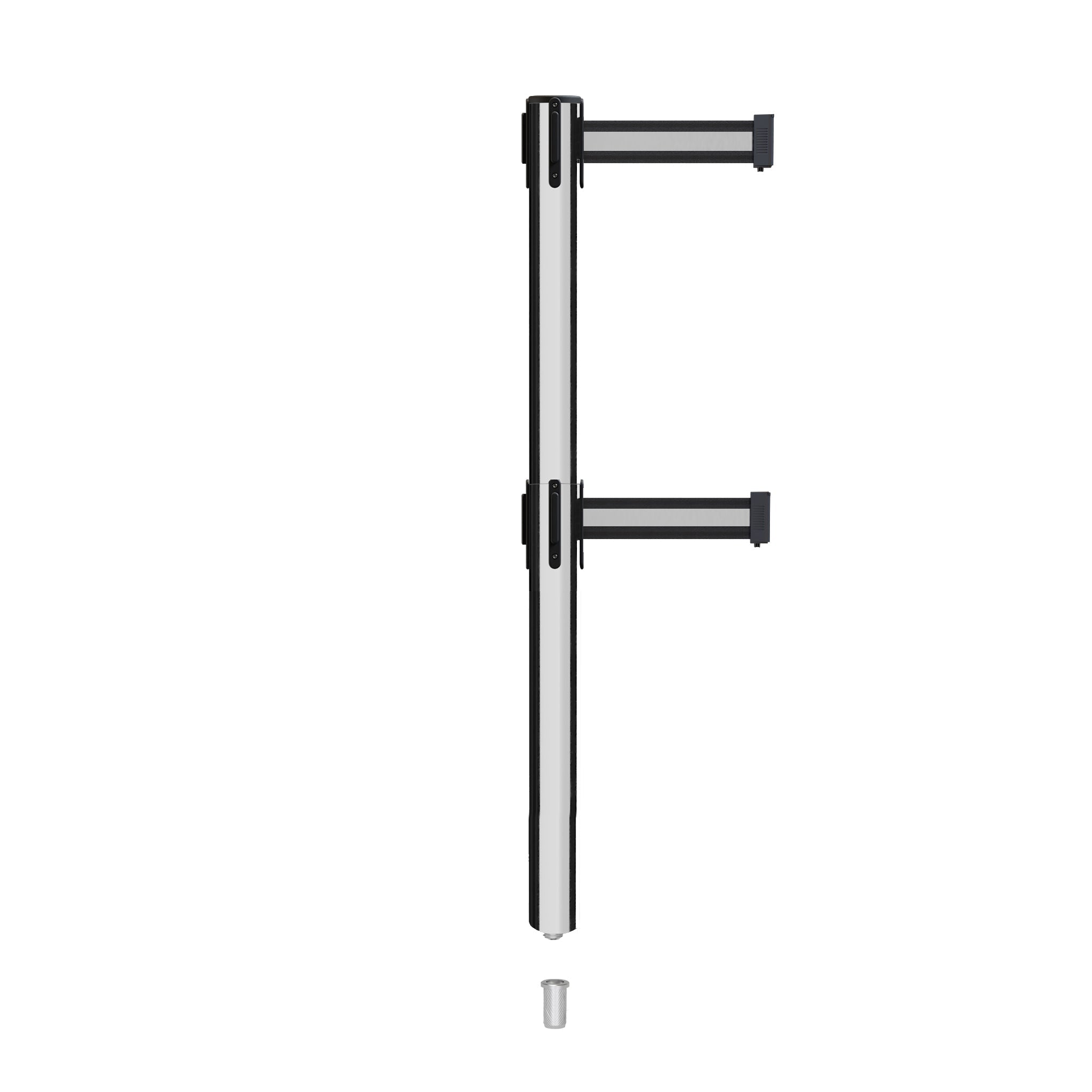 Retractable Dual Belt Barrier Stanchion, Mini Socket Base, Polished Stainless Steel Post, 7.5 ft Belt - Montour Line MX630DSK - Crowd Control Warehouse