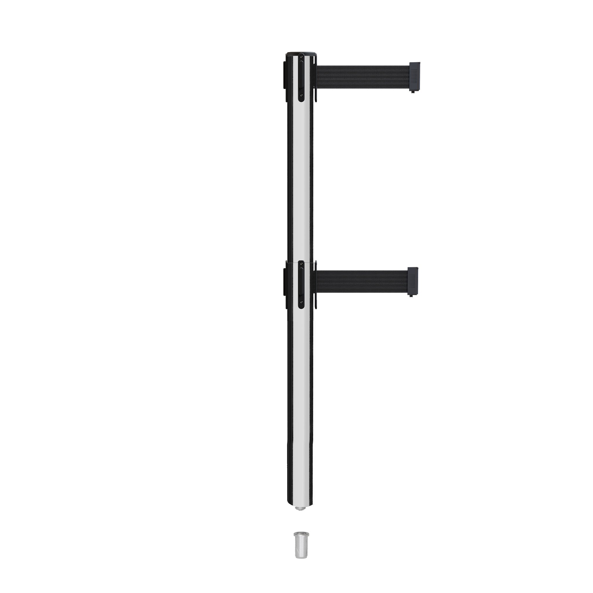 Retractable Dual Belt Barrier Stanchion, Mini Socket Base, Polished Stainless Steel Post, 9 ft Belt - Montour Line MX630DSK - Crowd Control Warehouse