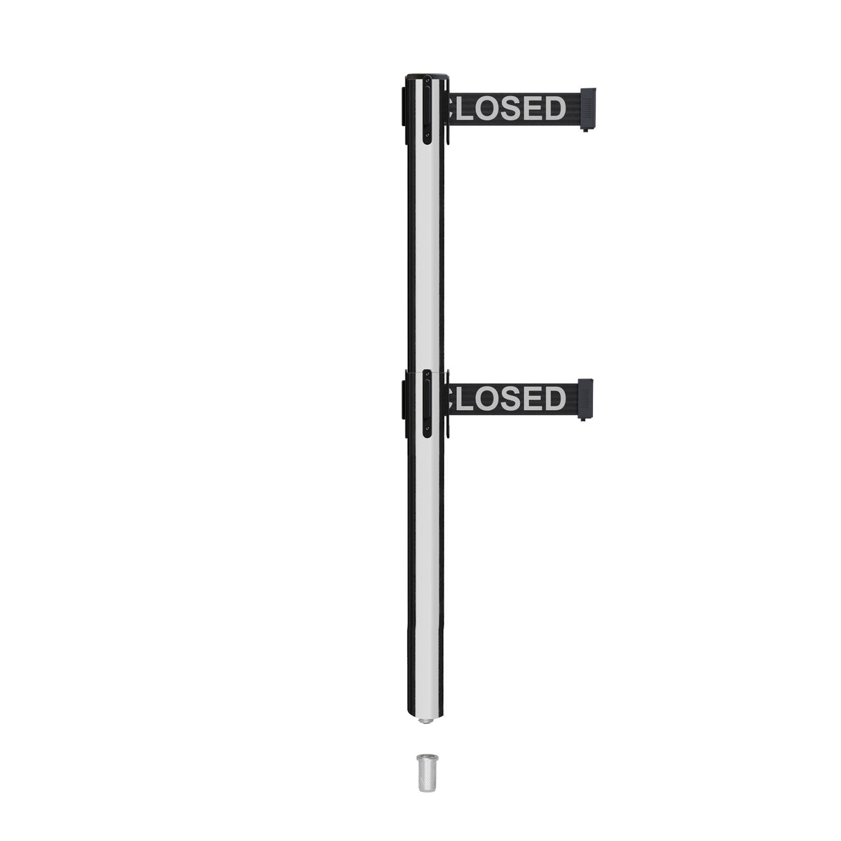 Retractable Dual Belt Barrier Stanchion, Mini Socket Base, Polished Stainless Steel Post, 9 ft Belt - Montour Line MX630DSK - Crowd Control Warehouse