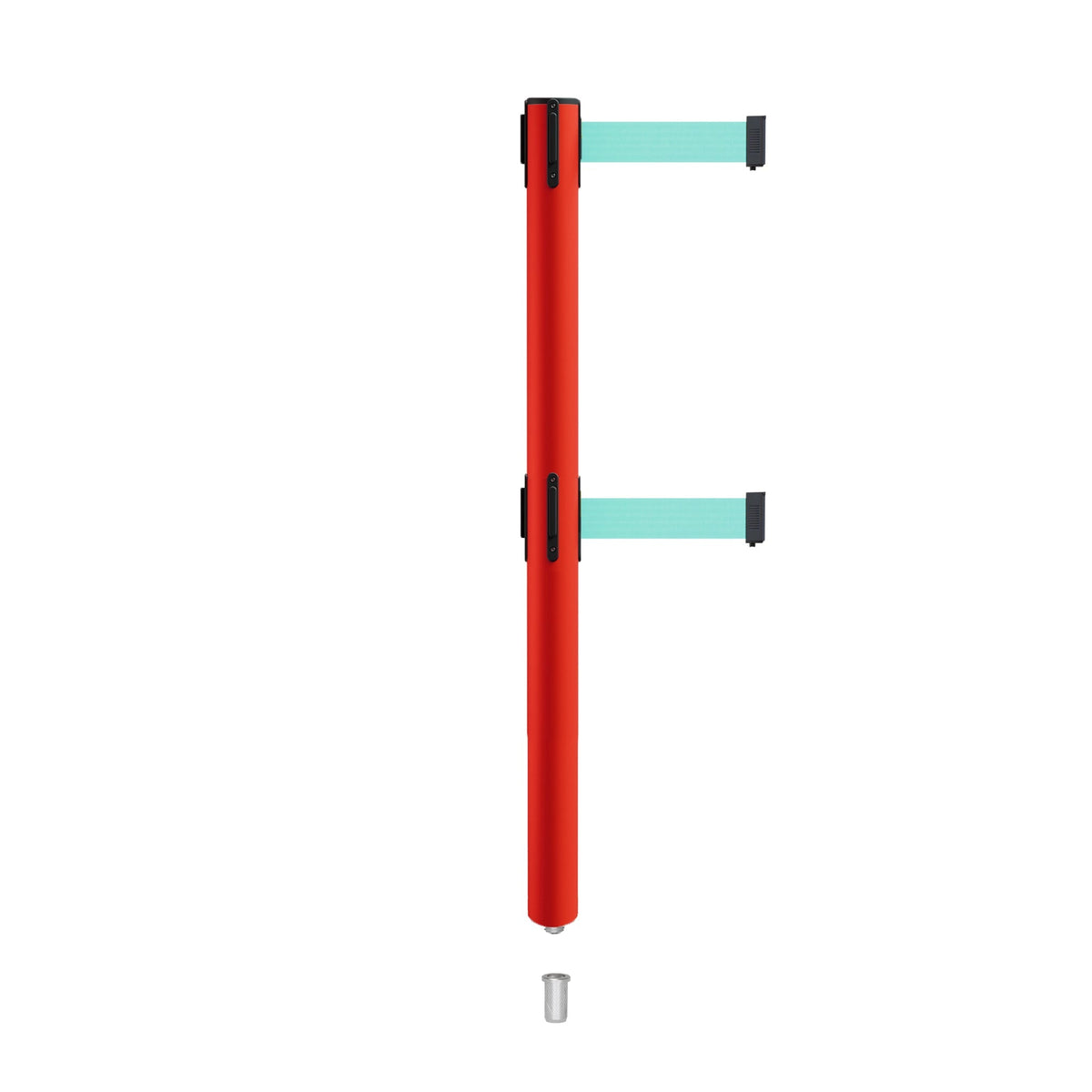 Retractable Dual Belt Barrier Stanchion, Mini Socket Base, Red Post, 11 ft Belt - Montour Line MSX630DSK - Crowd Control Warehouse