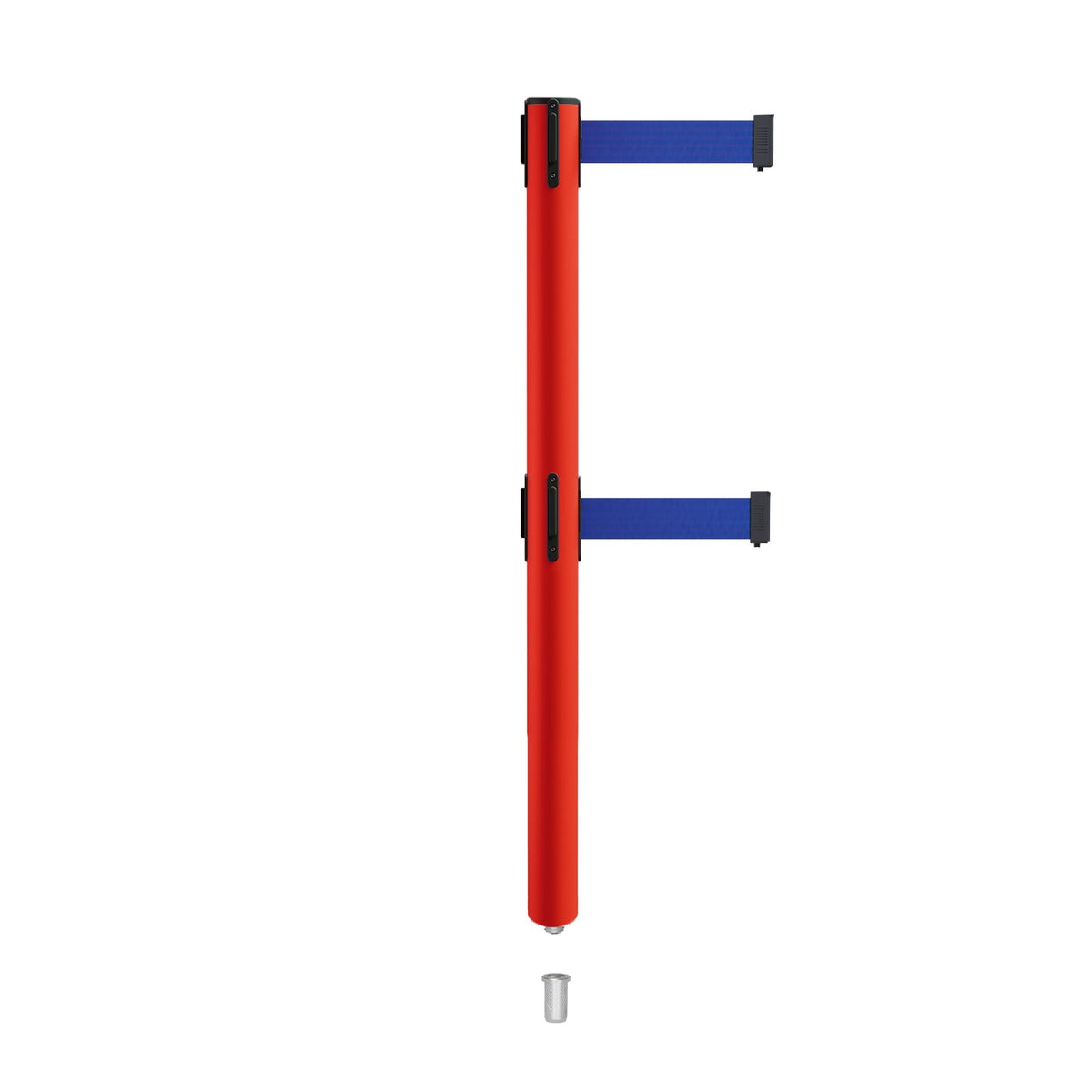 Retractable Dual Belt Barrier Stanchion, Mini Socket Base, Red Post, 13 ft Belt - Montour Line MSX630DSK - Crowd Control Warehouse