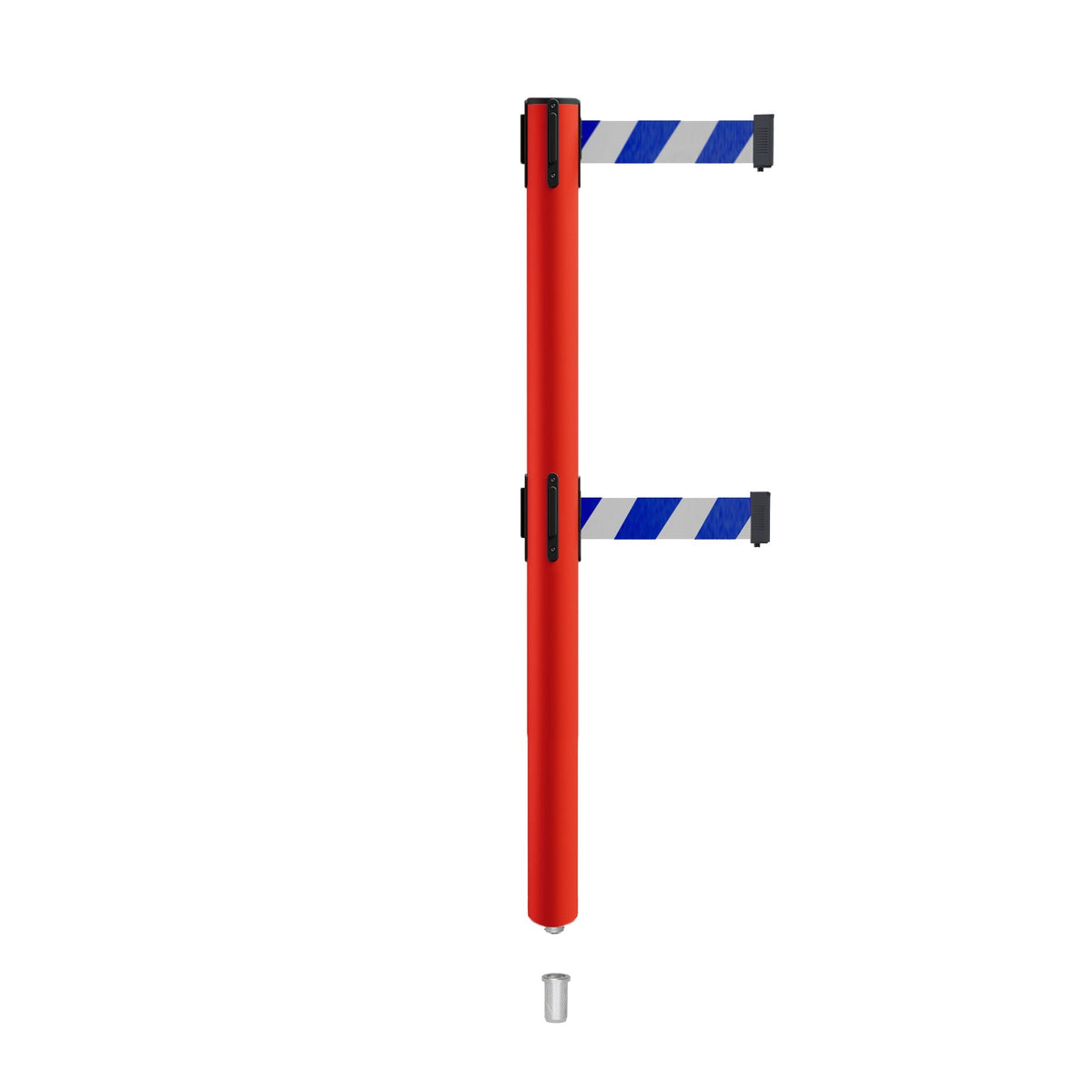 Retractable Dual Belt Barrier Stanchion, Mini Socket Base, Red Post, 7.5 ft Belt - Montour Line MSX630DSK - Crowd Control Warehouse