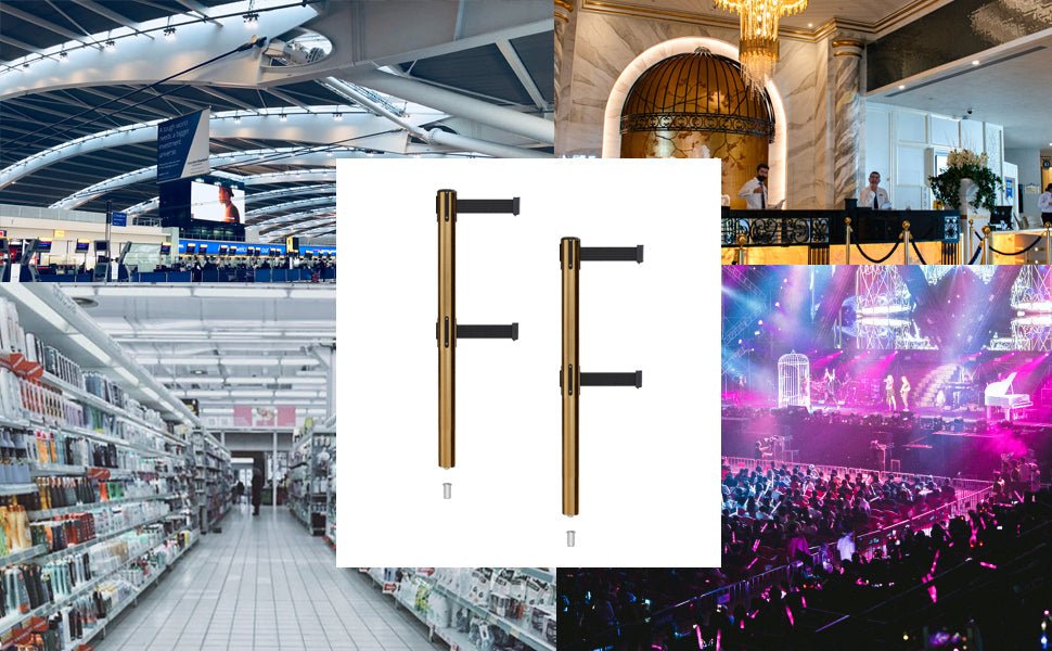 Retractable Dual Belt Barrier Stanchion, Mini Socket Base, Satin Brass Post, 11 ft Belt - Montour Line MX630DSK - Crowd Control Warehouse