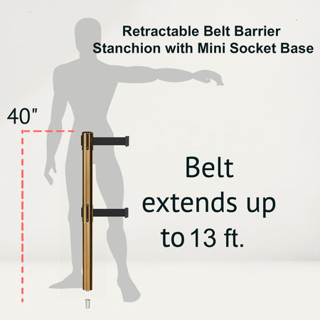 Retractable Dual Belt Barrier Stanchion, Mini Socket Base, Satin Brass Post, 13 ft Belt - Montour Line MX630DSK - Crowd Control Warehouse