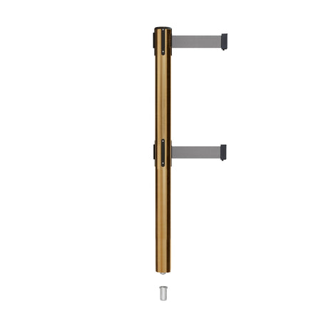 Retractable Dual Belt Barrier Stanchion, Mini Socket Base, Satin Brass Post, 7.5 ft Belt - Montour Line MX630DSK - Crowd Control Warehouse