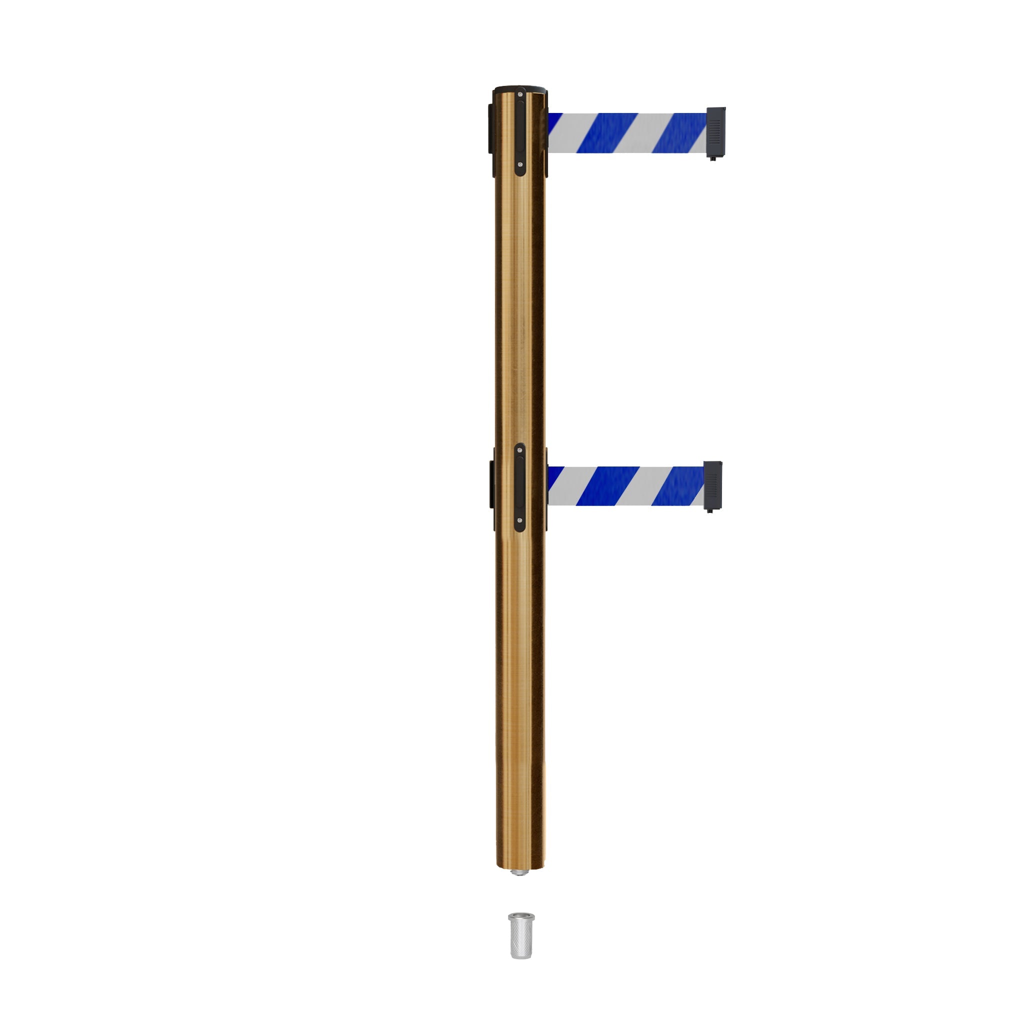 Retractable Dual Belt Barrier Stanchion, Mini Socket Base, Satin Brass Post, 7.5 ft Belt - Montour Line MX630DSK - Crowd Control Warehouse