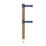 Retractable Dual Belt Barrier Stanchion, Mini Socket Base, Satin Brass Post, 9 ft Belt - Montour Line MX630DSK - Crowd Control Warehouse