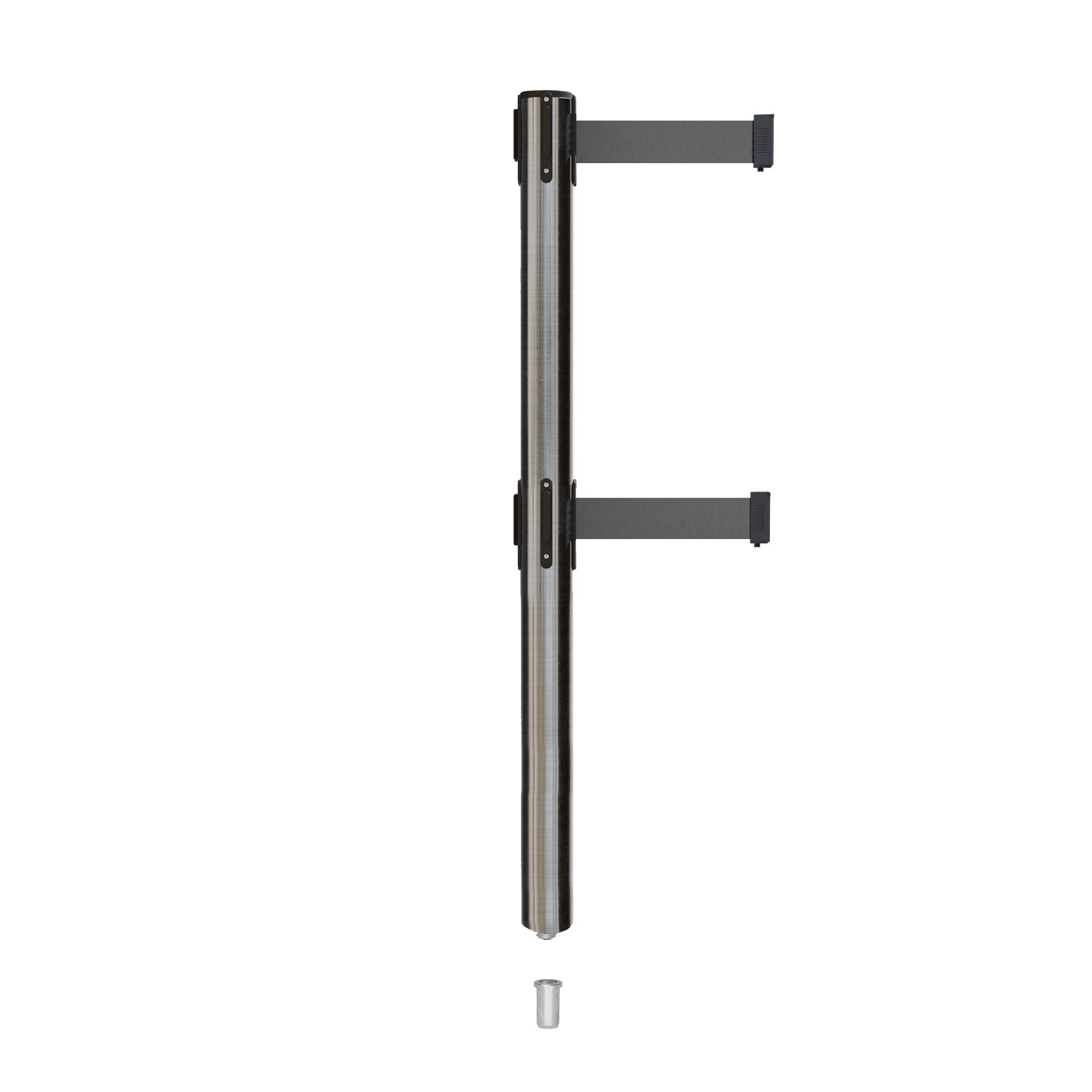 Retractable Dual Belt Barrier Stanchion, Mini Socket Base, Satin Stainless Steel Post, 11 ft Belt - Montour Line MX630DSK - Crowd Control Warehouse