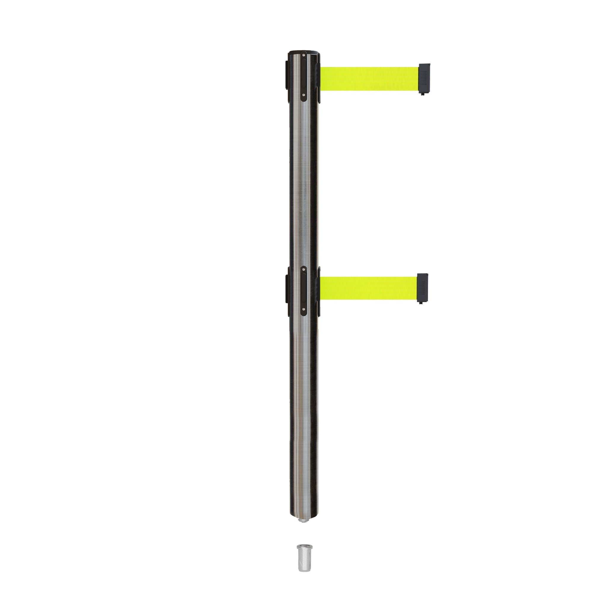 Retractable Dual Belt Barrier Stanchion, Mini Socket Base, Satin Stainless Steel Post, 11 ft Belt - Montour Line MX630DSK - Crowd Control Warehouse