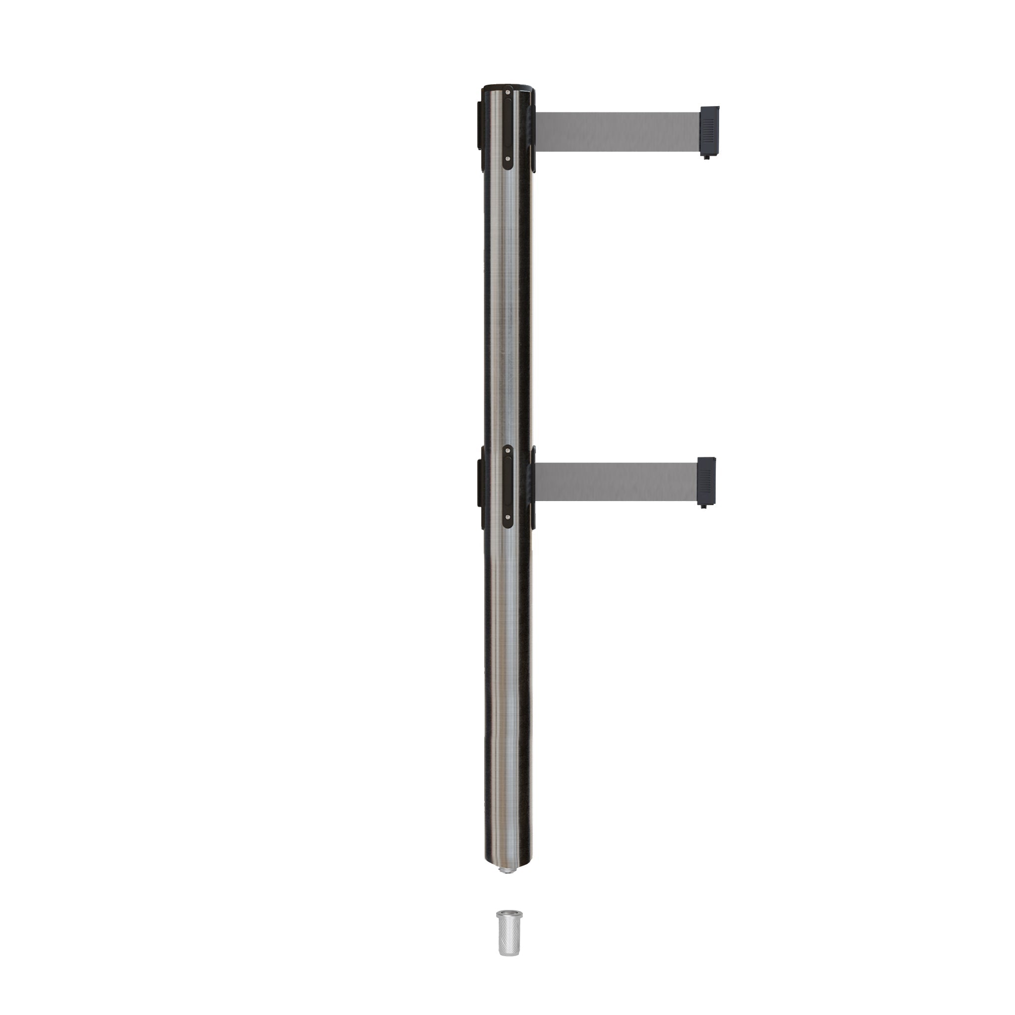 Retractable Dual Belt Barrier Stanchion, Mini Socket Base, Satin Stainless Steel Post, 11 ft Belt - Montour Line MX630DSK - Crowd Control Warehouse