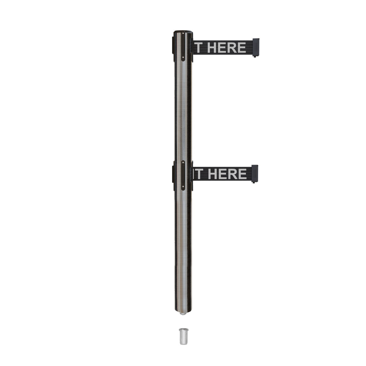 Retractable Dual Belt Barrier Stanchion, Mini Socket Base, Satin Stainless Steel Post, 11 ft Belt - Montour Line MX630DSK - Crowd Control Warehouse