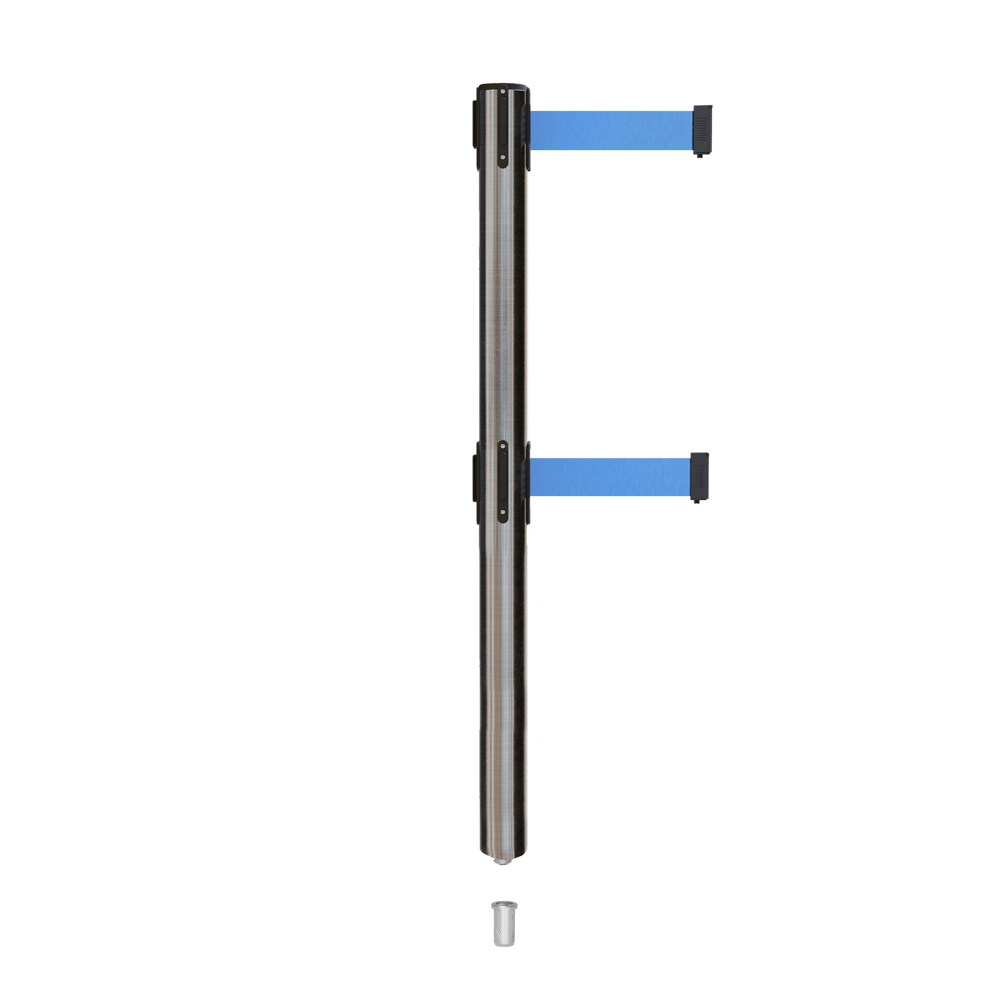 Retractable Dual Belt Barrier Stanchion, Mini Socket Base, Satin Stainless Steel Post, 13 ft Belt - Montour Line MX630DSK - Crowd Control Warehouse