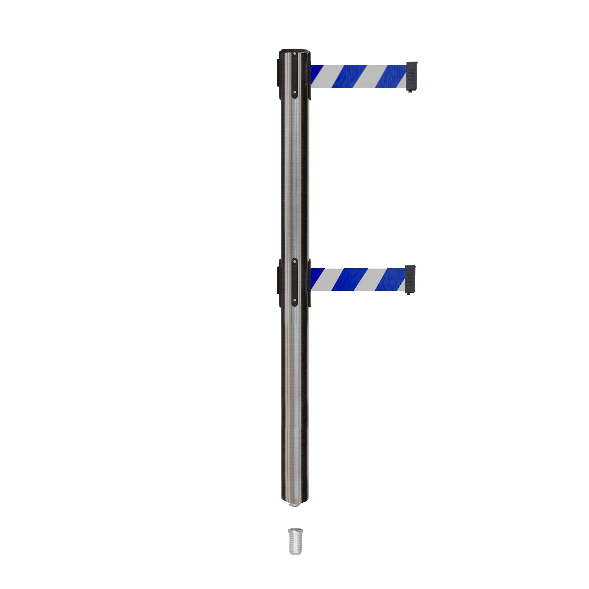 Retractable Dual Belt Barrier Stanchion, Mini Socket Base, Satin Stainless Steel Post, 13 ft Belt - Montour Line MX630DSK - Crowd Control Warehouse