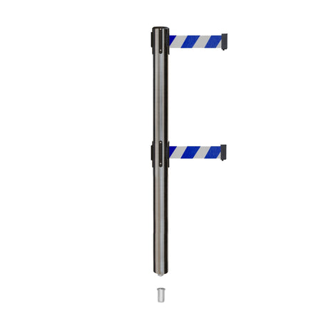 Retractable Dual Belt Barrier Stanchion, Mini Socket Base, Satin Stainless Steel Post, 13 ft Belt - Montour Line MX630DSK - Crowd Control Warehouse