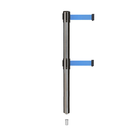Retractable Dual Belt Barrier Stanchion, Mini Socket Base, Satin Stainless Steel Post, 7.5 ft Belt - Montour Line MX630DSK - Crowd Control Warehouse