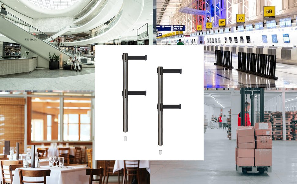 Retractable Dual Belt Barrier Stanchion, Mini Socket Base, Satin Stainless Steel Post, 7.5 ft Belt - Montour Line MX630DSK - Crowd Control Warehouse