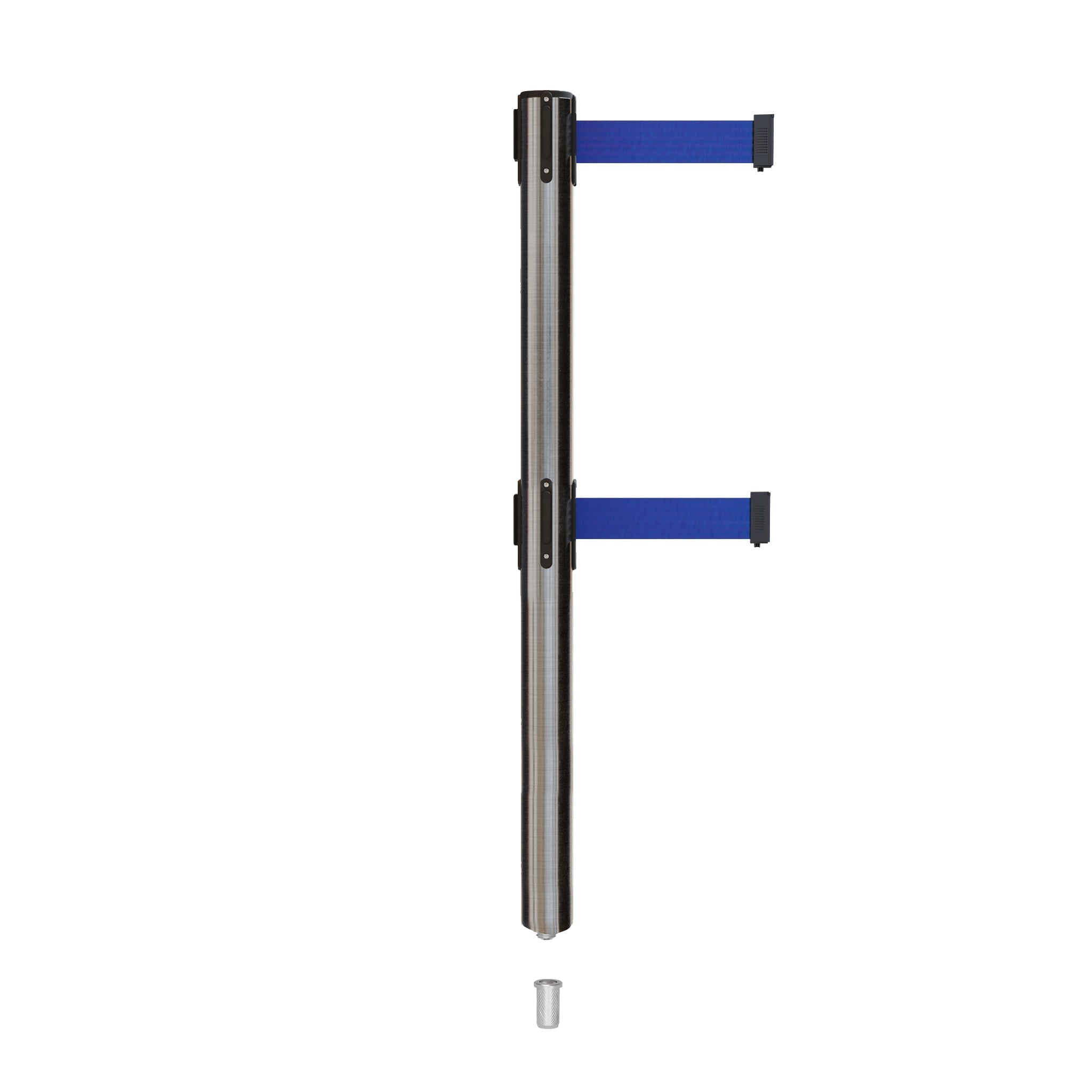 Retractable Dual Belt Barrier Stanchion, Mini Socket Base, Satin Stainless Steel Post, 7.5 ft Belt - Montour Line MX630DSK - Crowd Control Warehouse