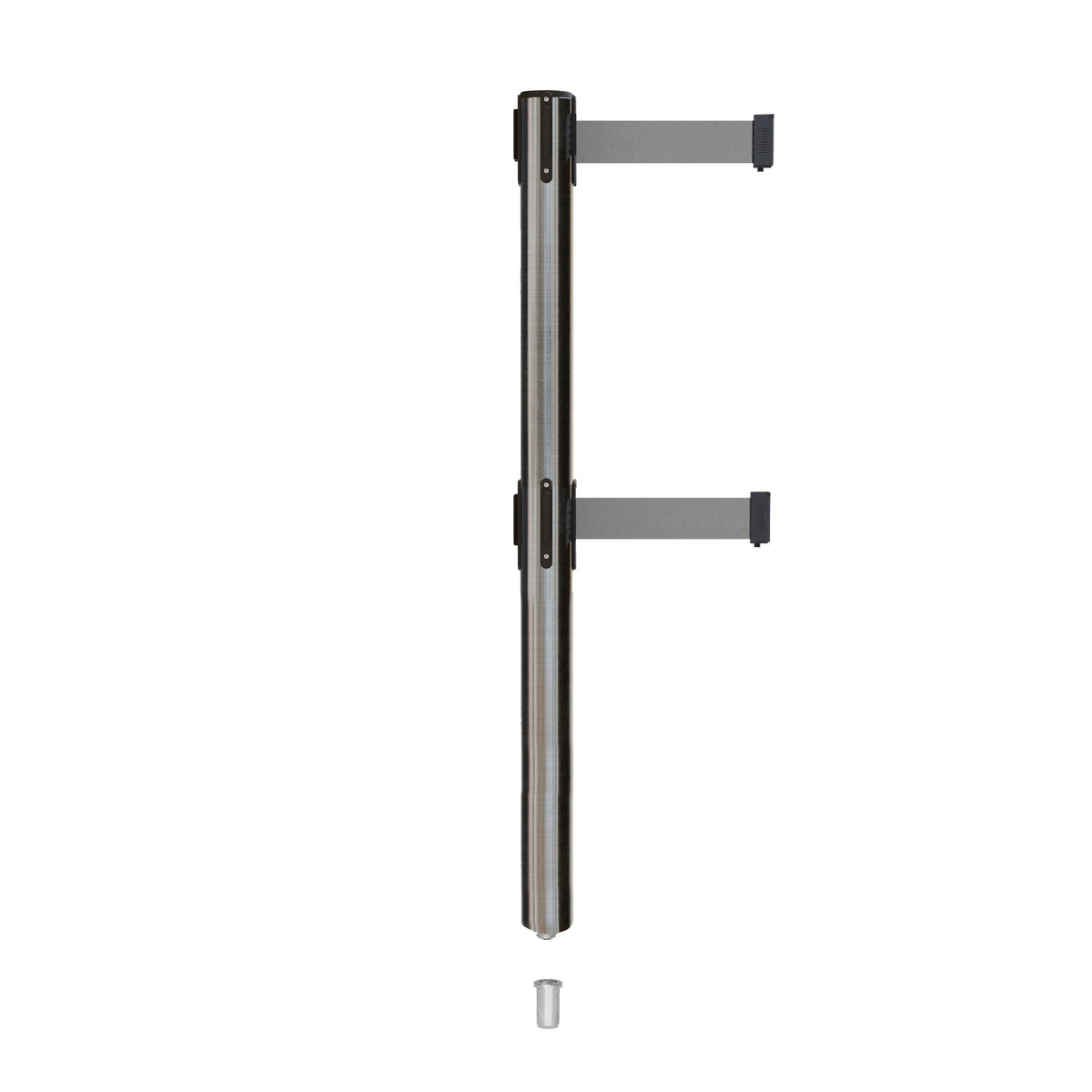 Retractable Dual Belt Barrier Stanchion, Mini Socket Base, Satin Stainless Steel Post, 7.5 ft Belt - Montour Line MX630DSK - Crowd Control Warehouse