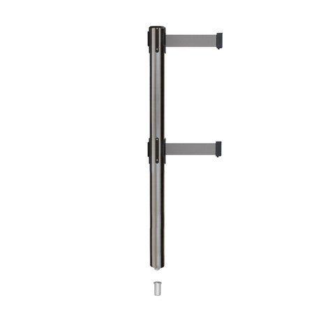 Retractable Dual Belt Barrier Stanchion, Mini Socket Base, Satin Stainless Steel Post, 7.5 ft Belt - Montour Line MX630DSK - Crowd Control Warehouse