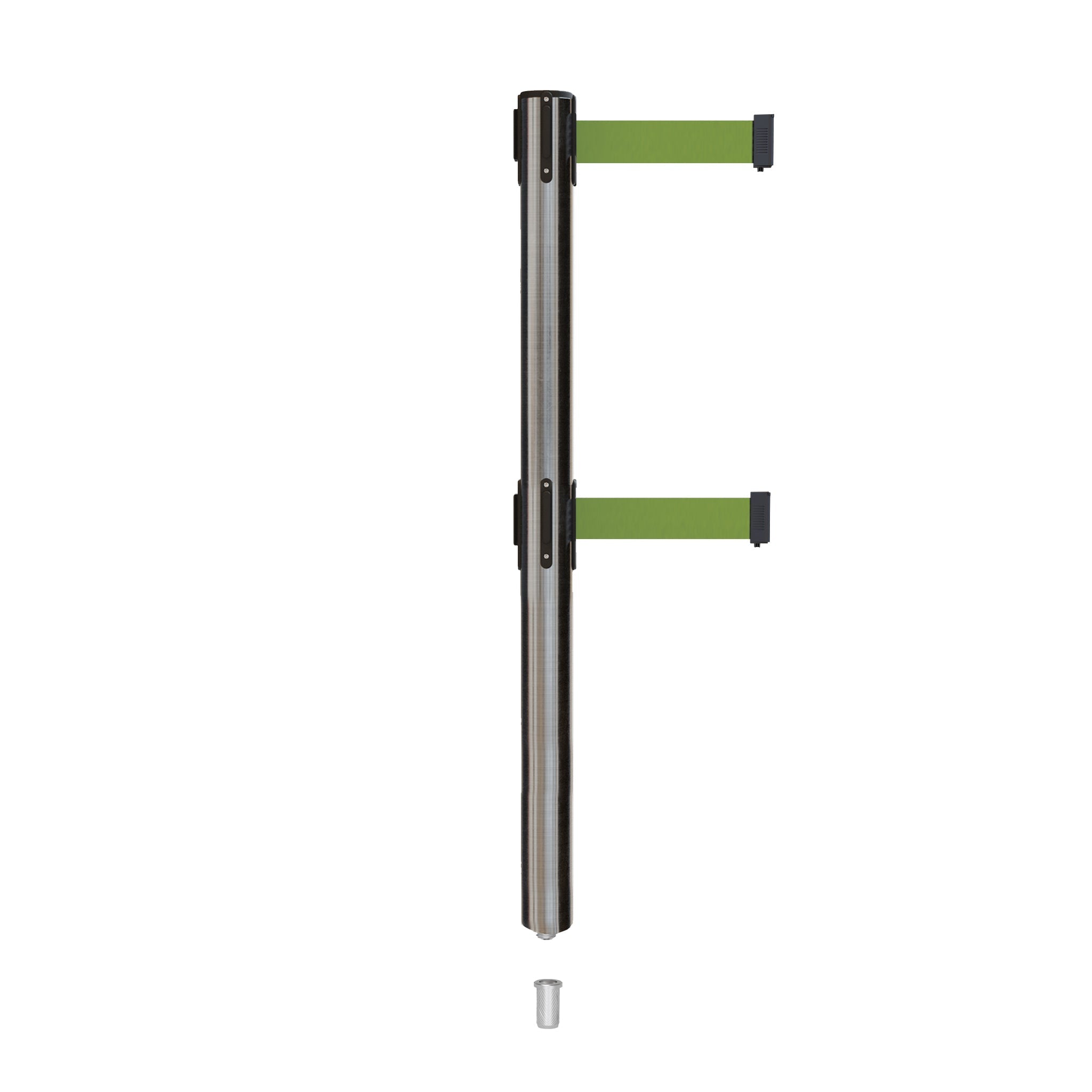 Retractable Dual Belt Barrier Stanchion, Mini Socket Base, Satin Stainless Steel Post, 9 ft Belt - Montour Line MX630DSK - Crowd Control Warehouse