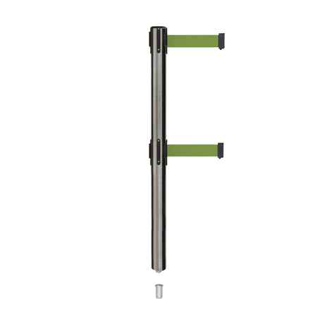 Retractable Dual Belt Barrier Stanchion, Mini Socket Base, Satin Stainless Steel Post, 9 ft Belt - Montour Line MX630DSK - Crowd Control Warehouse
